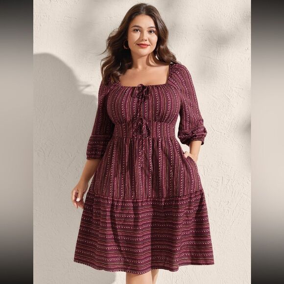 BloomChic Dresses & Skirts - BloomChic Fall Stripes Cinched-Waist Tie Midi Dress – Size 1X - NWT
